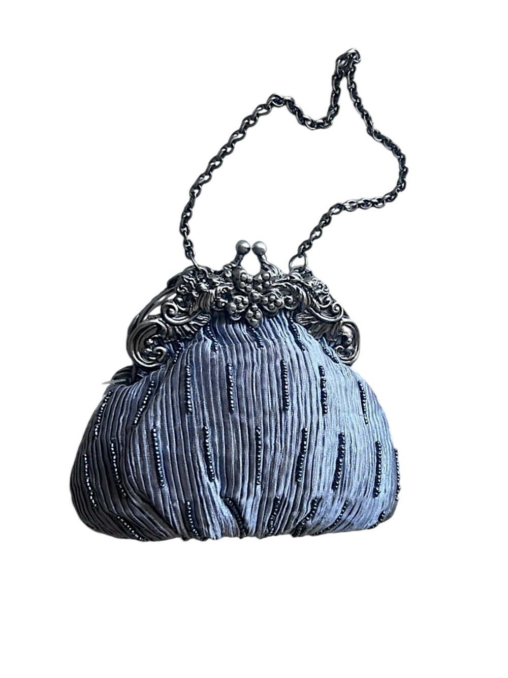 Vintage Elegant Beaded Handkerchief Grey Embellished Silver Silk Evening Bag